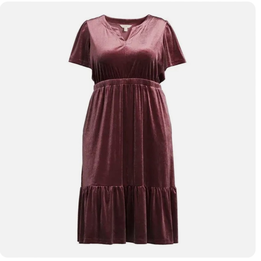 TERRA & SKY - Plum Velvet Midi Dress W/ Elastic Waist